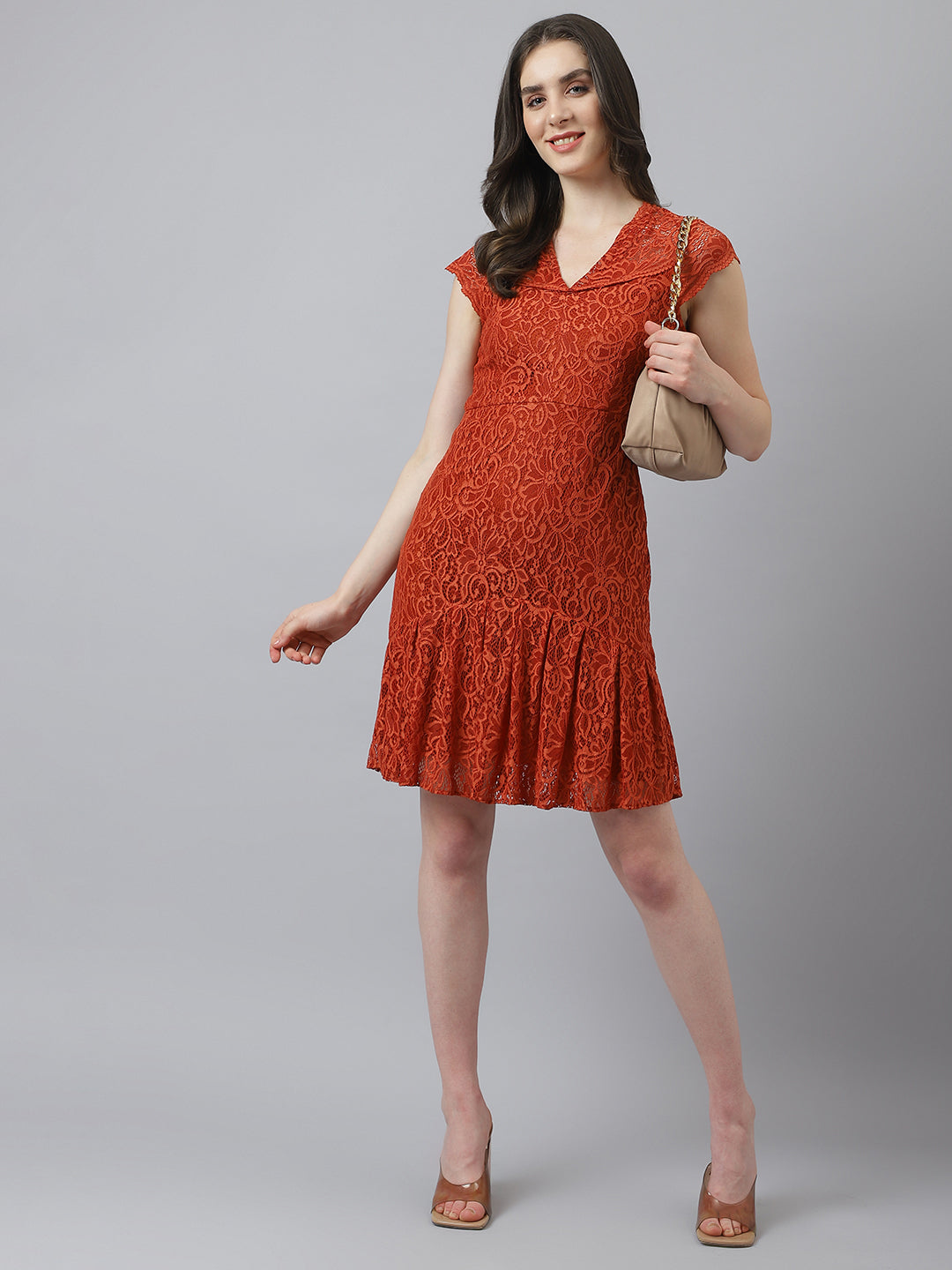 Rust Self Design Lace Cap Sleeve Dress With Ruffles