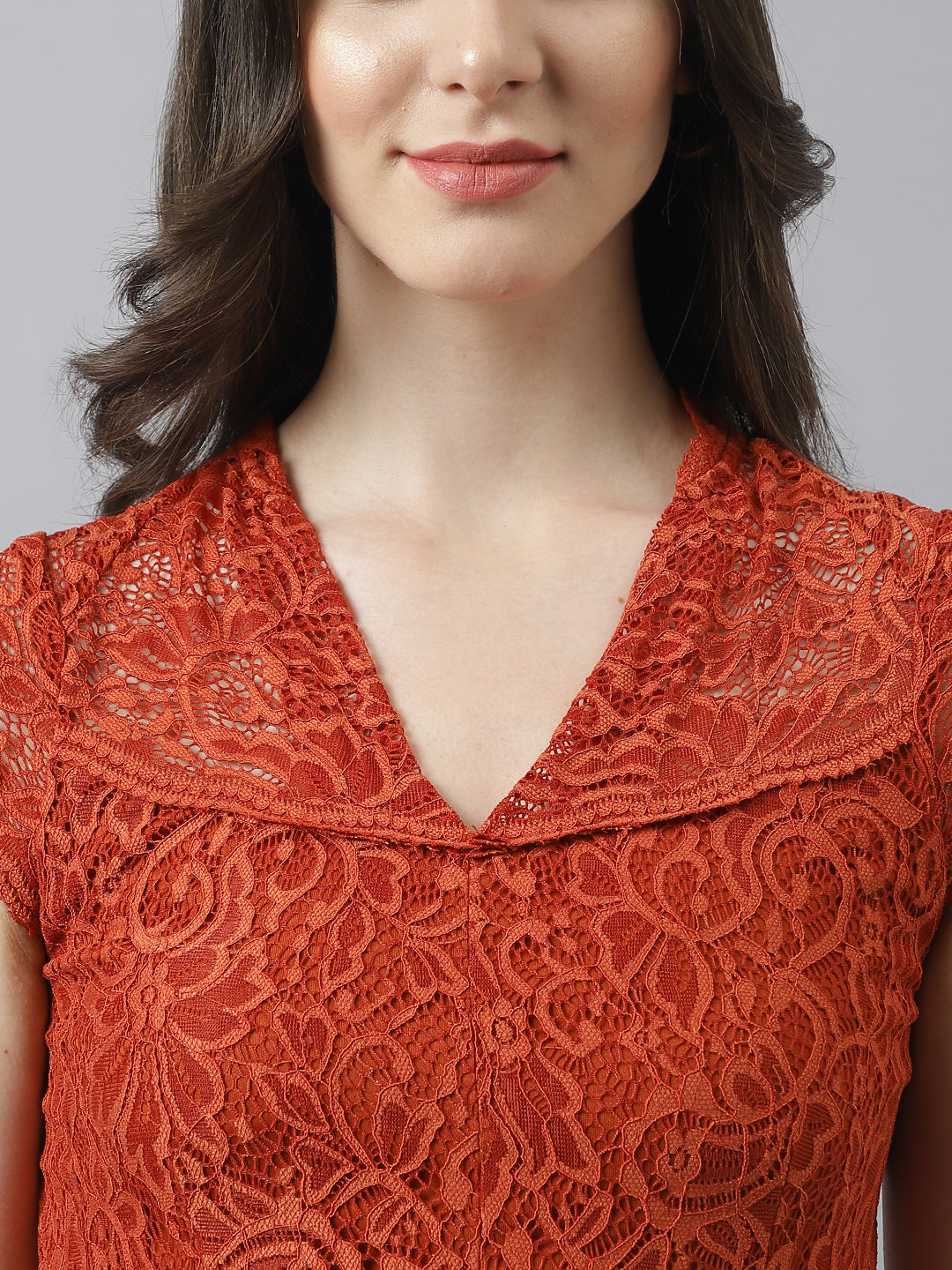 Rust Self Design Lace Cap Sleeve Dress With Ruffles