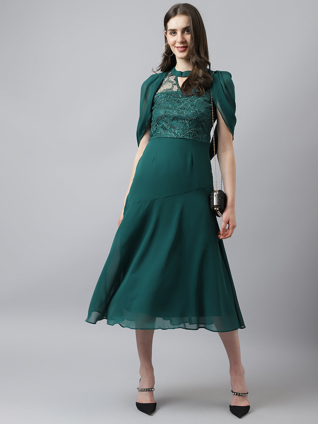 Greenbotle A-Line Lace Designer Dress With Cape Sleeves