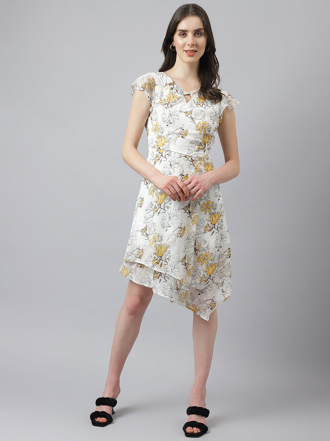 Yellow Cap Sleeve Asymmetric Dress