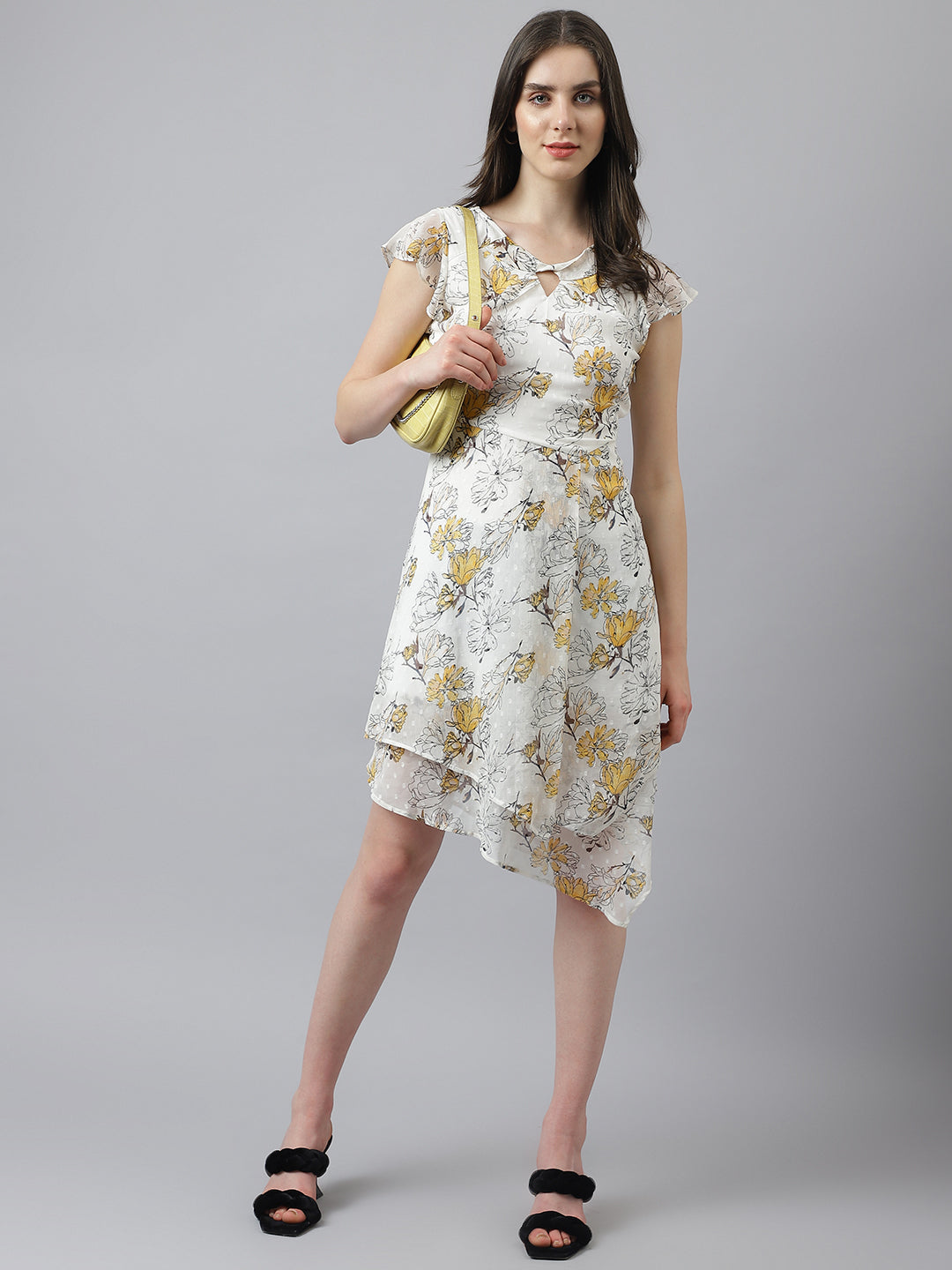 Yellow Cap Sleeve Asymmetric Dress