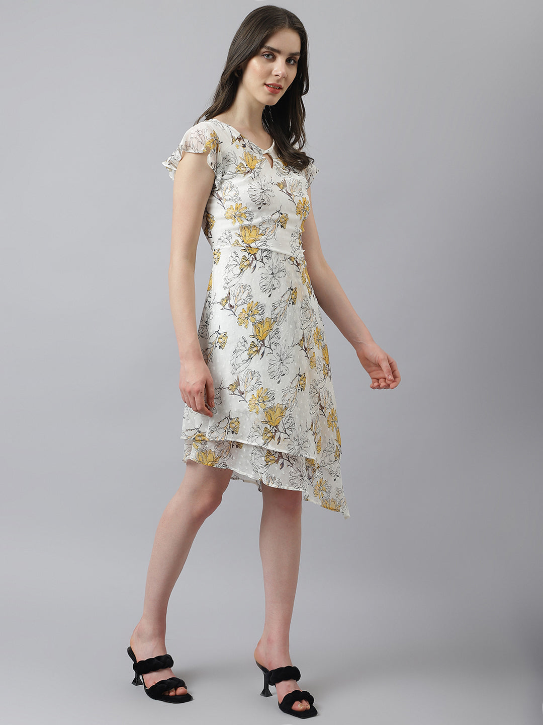 Yellow Cap Sleeve Asymmetric Dress