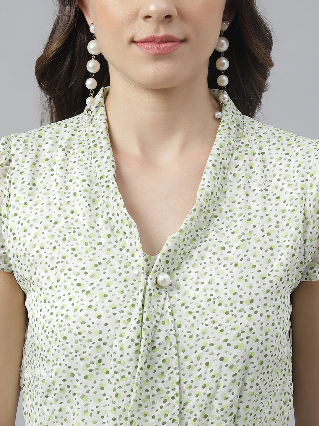 Green Floral Printed Cap Sleeve Sheath Dress With Tie Up Neck