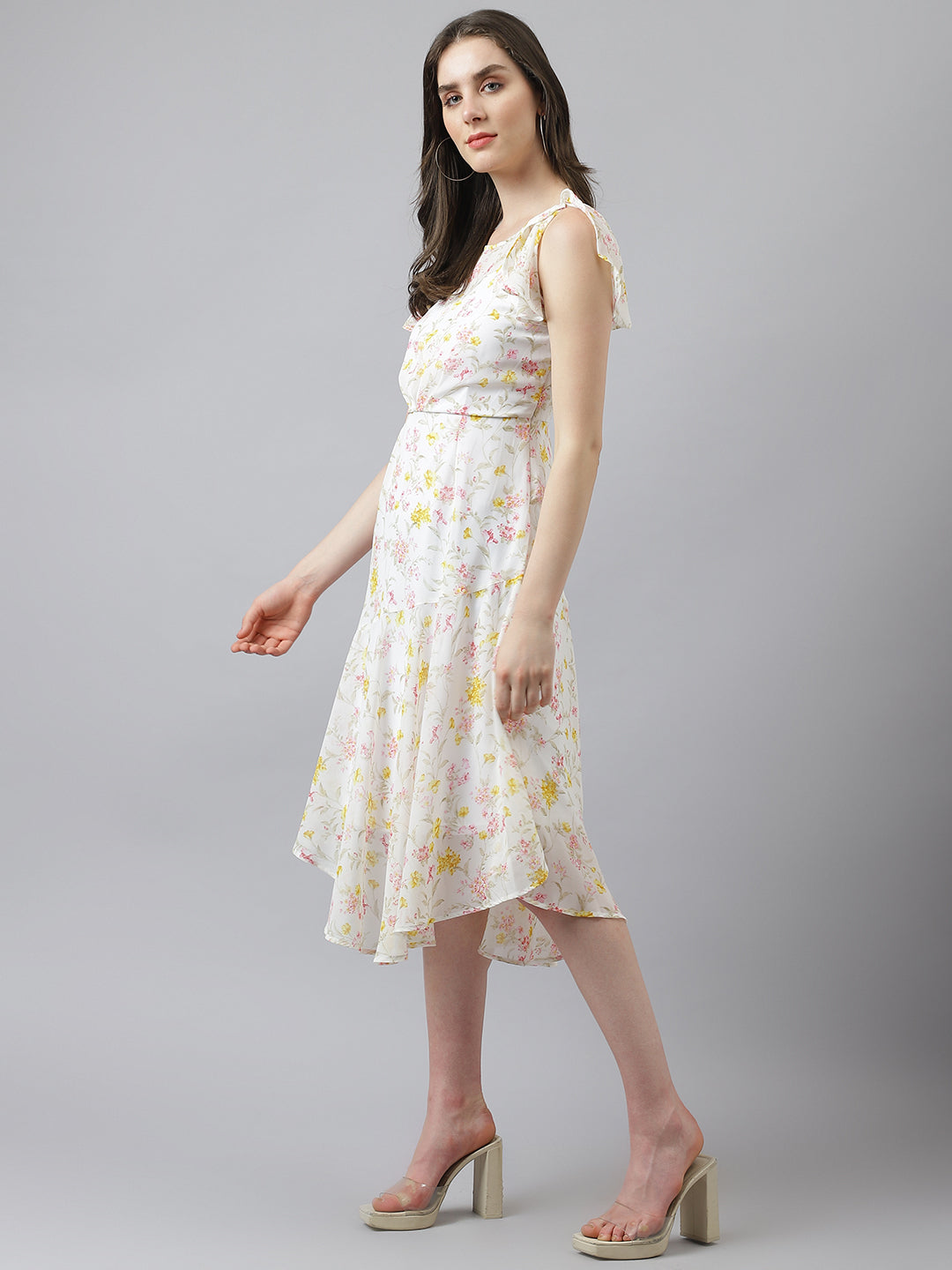 Ivory Floral Printed A-Line Dress With Cap Sleeves