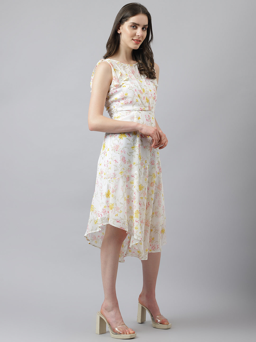 Ivory Floral Printed A-Line Dress With Cap Sleeves