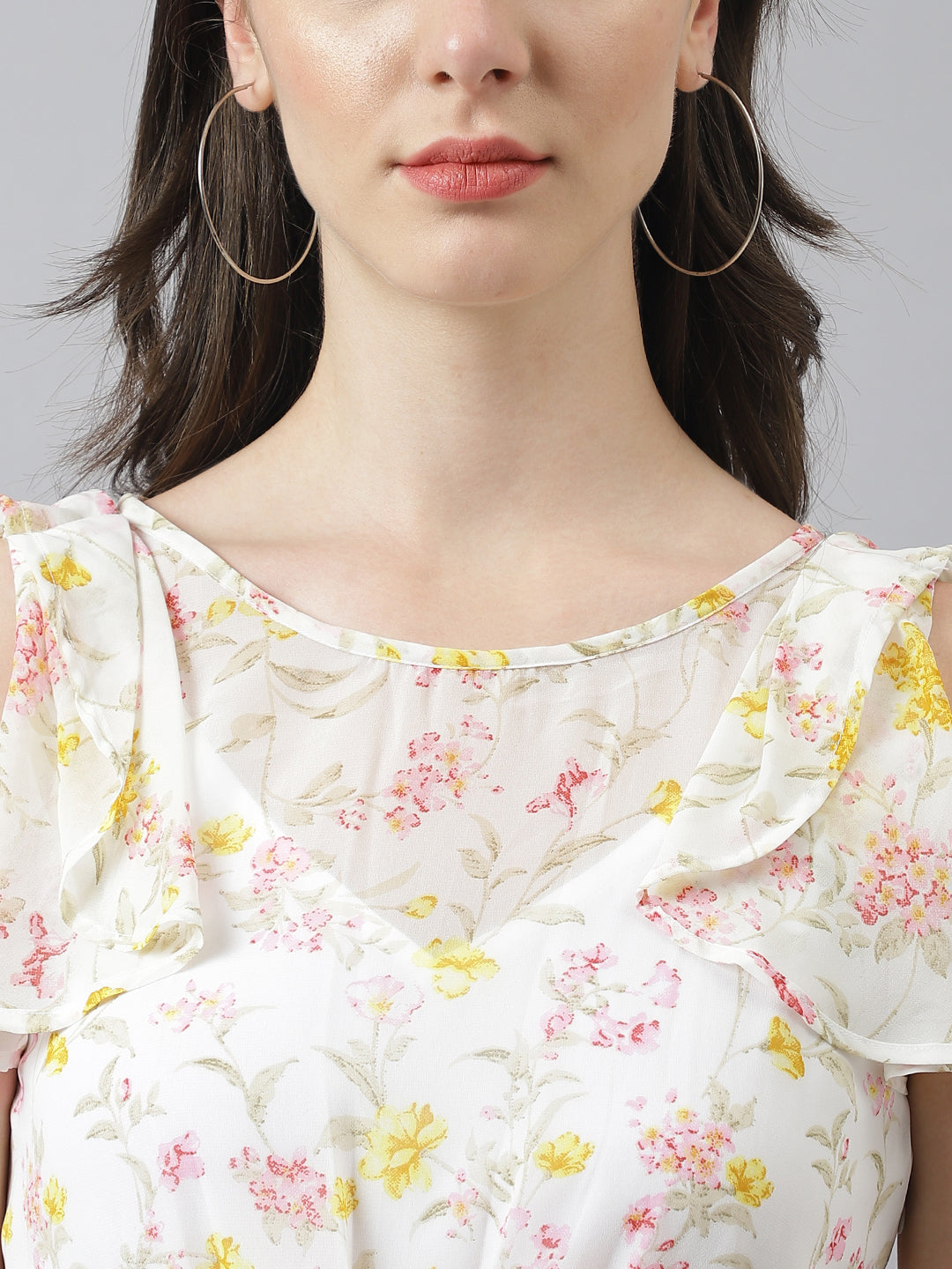 Ivory Floral Printed A-Line Dress With Cap Sleeves