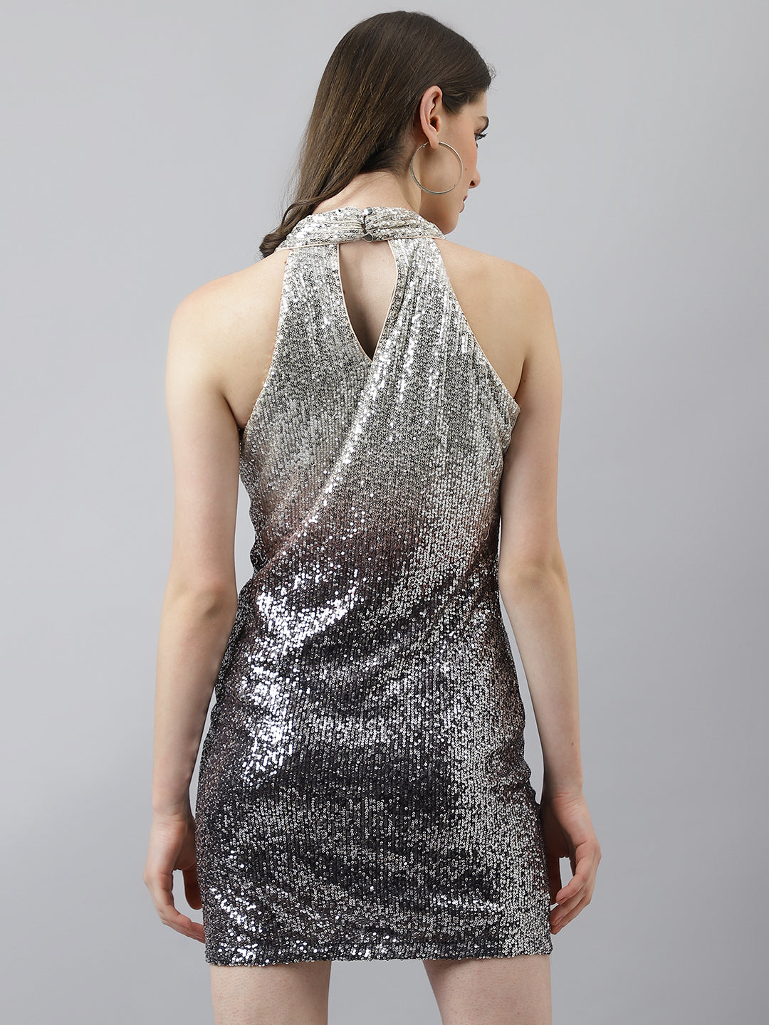 Beige Sequin Embellished Ombre Dress With Halter Neck