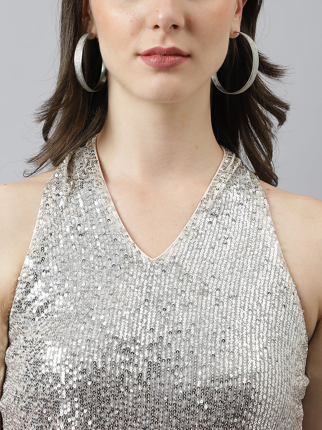 Beige Sequin Embellished Ombre Dress With Halter Neck