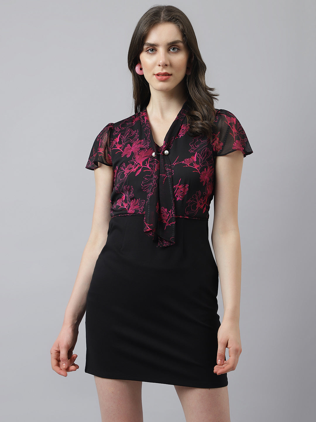 Black Sheath Dress With Puffer Sleeves & Knotted Neck