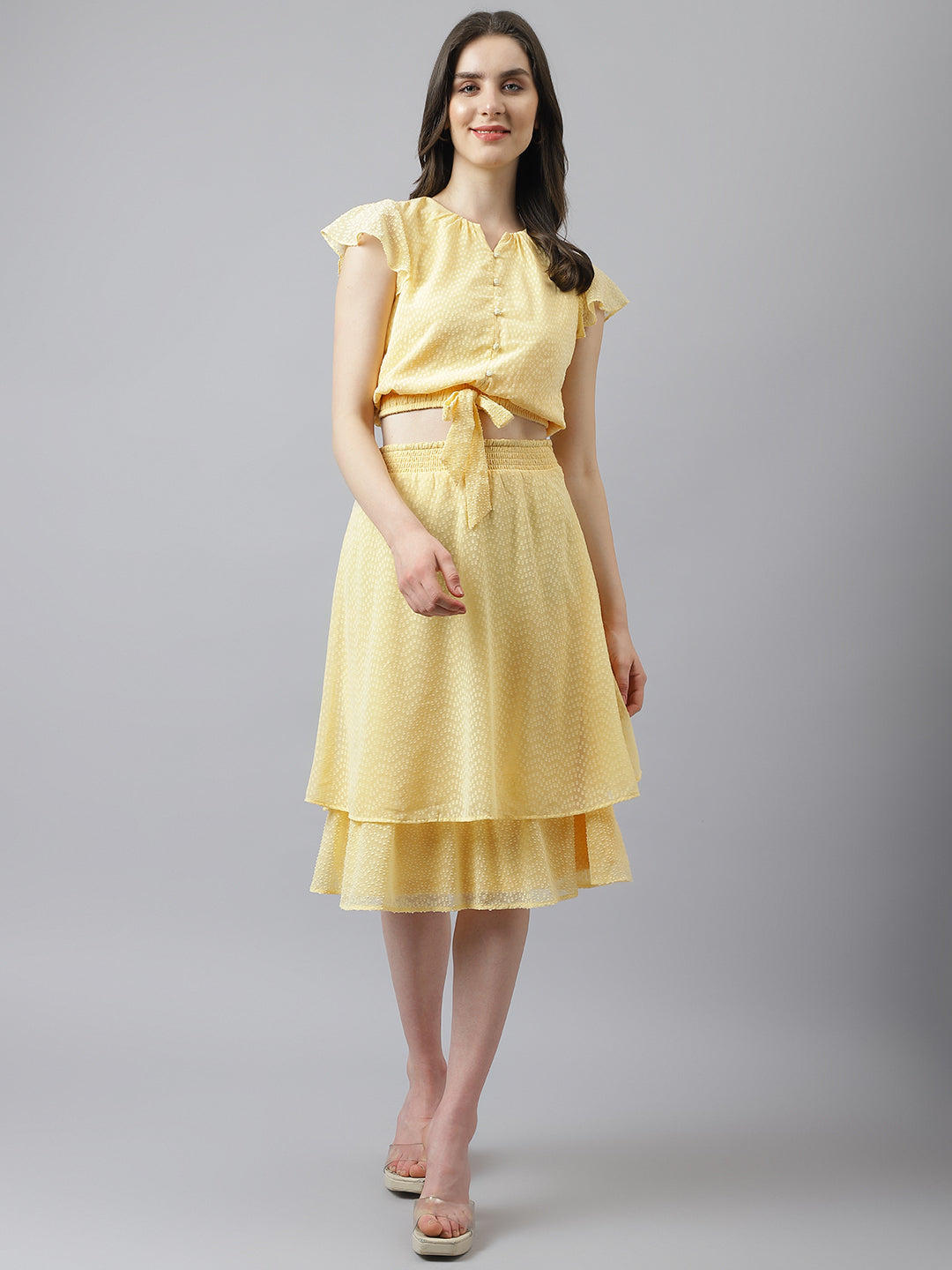 Yellow Co-Ord Set With A-Line Skirt And Knotted Top With Cap Sleeves