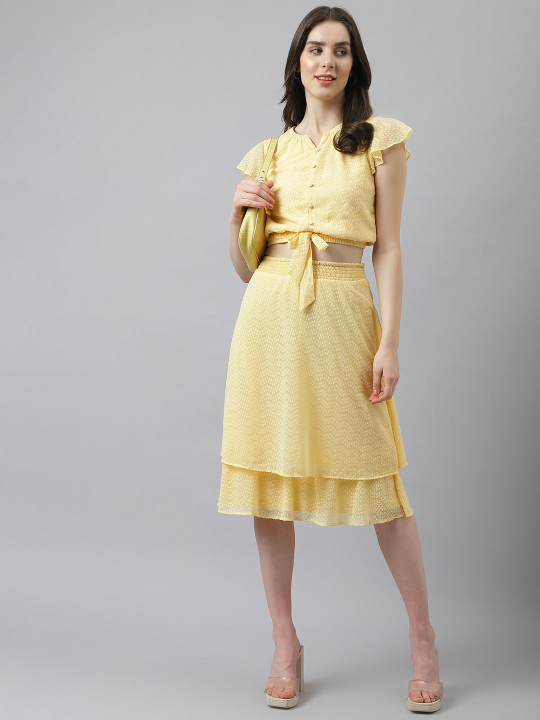 Yellow Co-Ord Set With A-Line Skirt And Knotted Top With Cap Sleeves