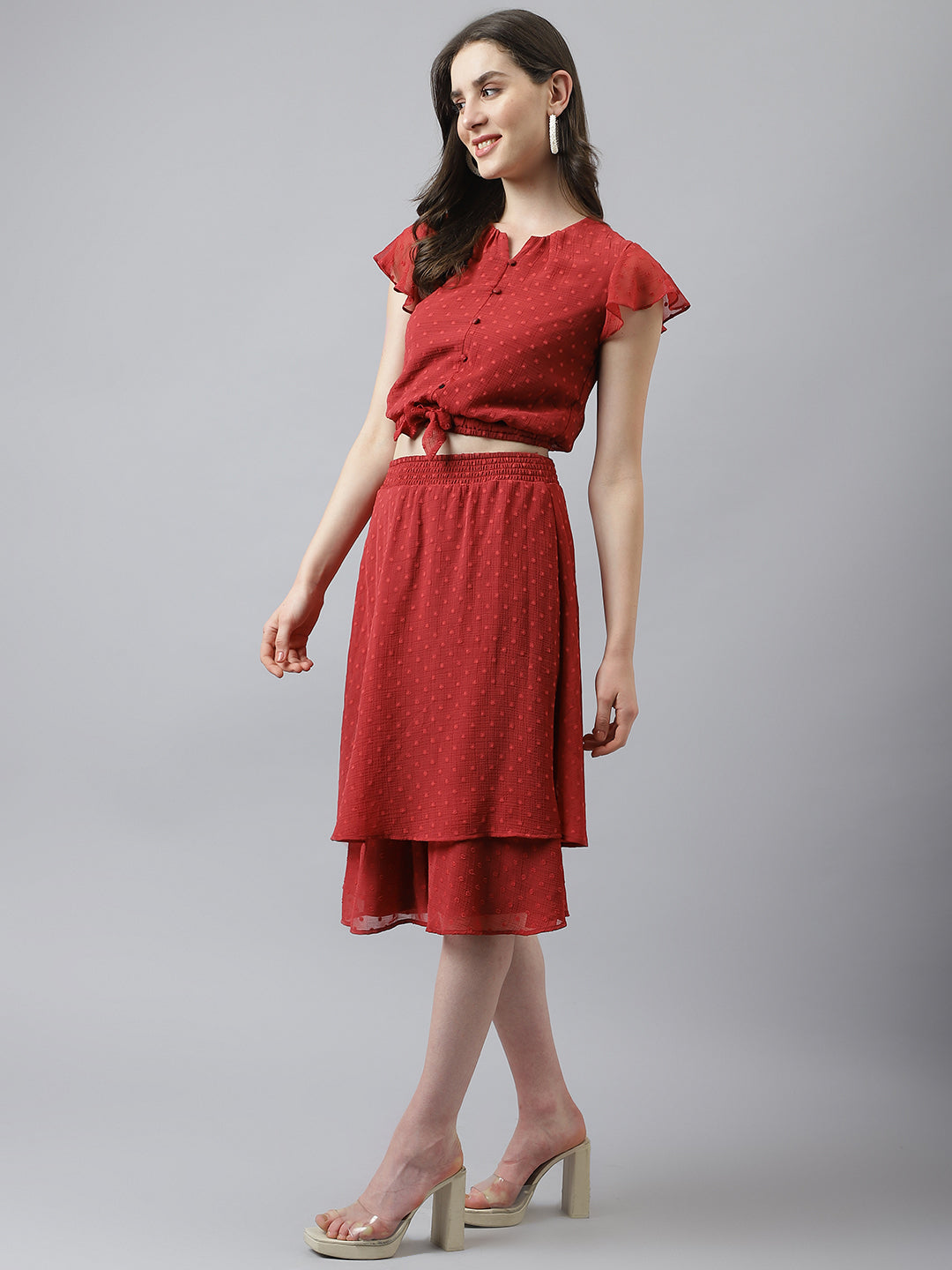 Maroon Co-Ord Set With A-Line Skirt And Knotted Top With Cap Sleeves