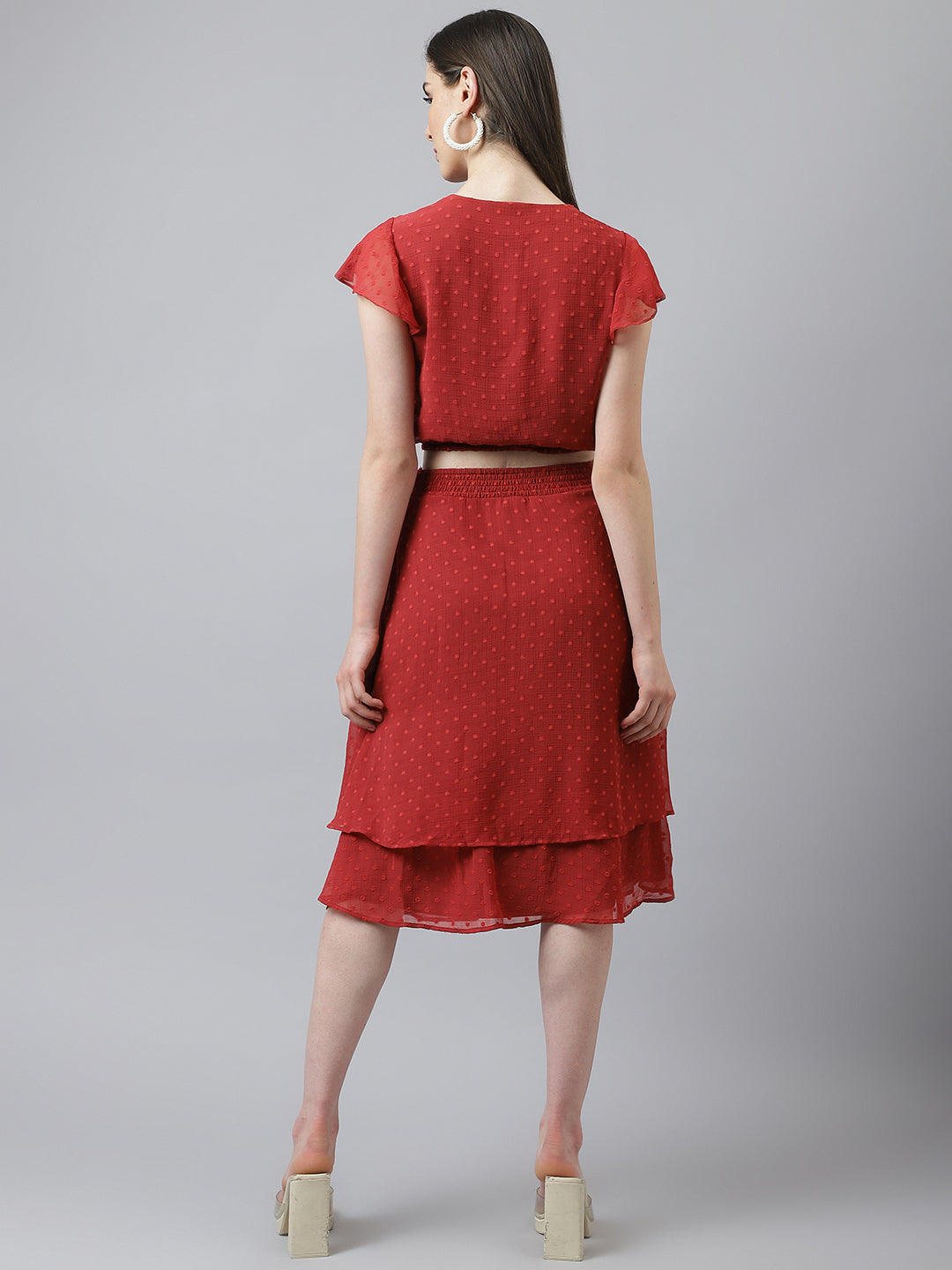 Maroon Co-Ord Set With A-Line Skirt And Knotted Top With Cap Sleeves
