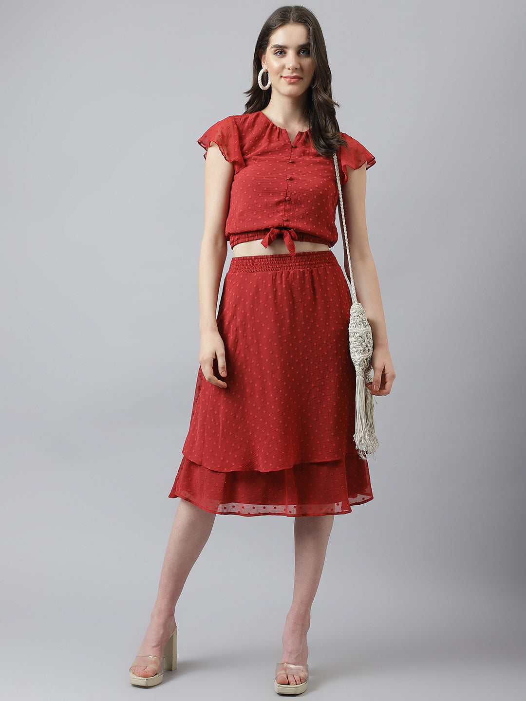 Maroon Co-Ord Set With A-Line Skirt And Knotted Top With Cap Sleeves