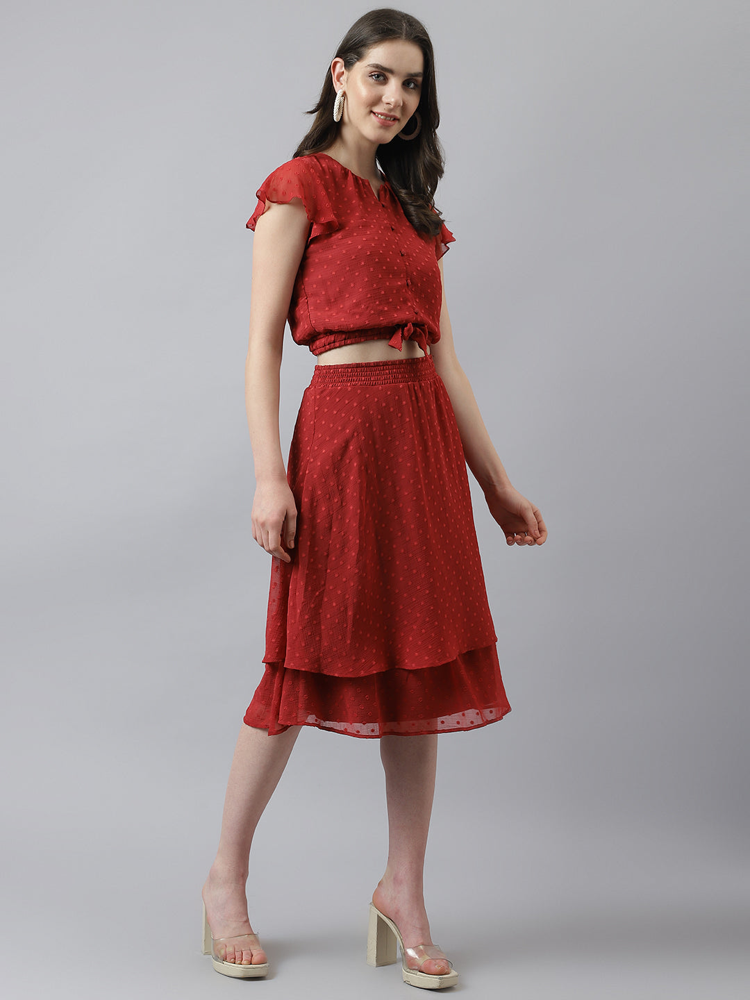 Maroon Co-Ord Set With A-Line Skirt And Knotted Top With Cap Sleeves