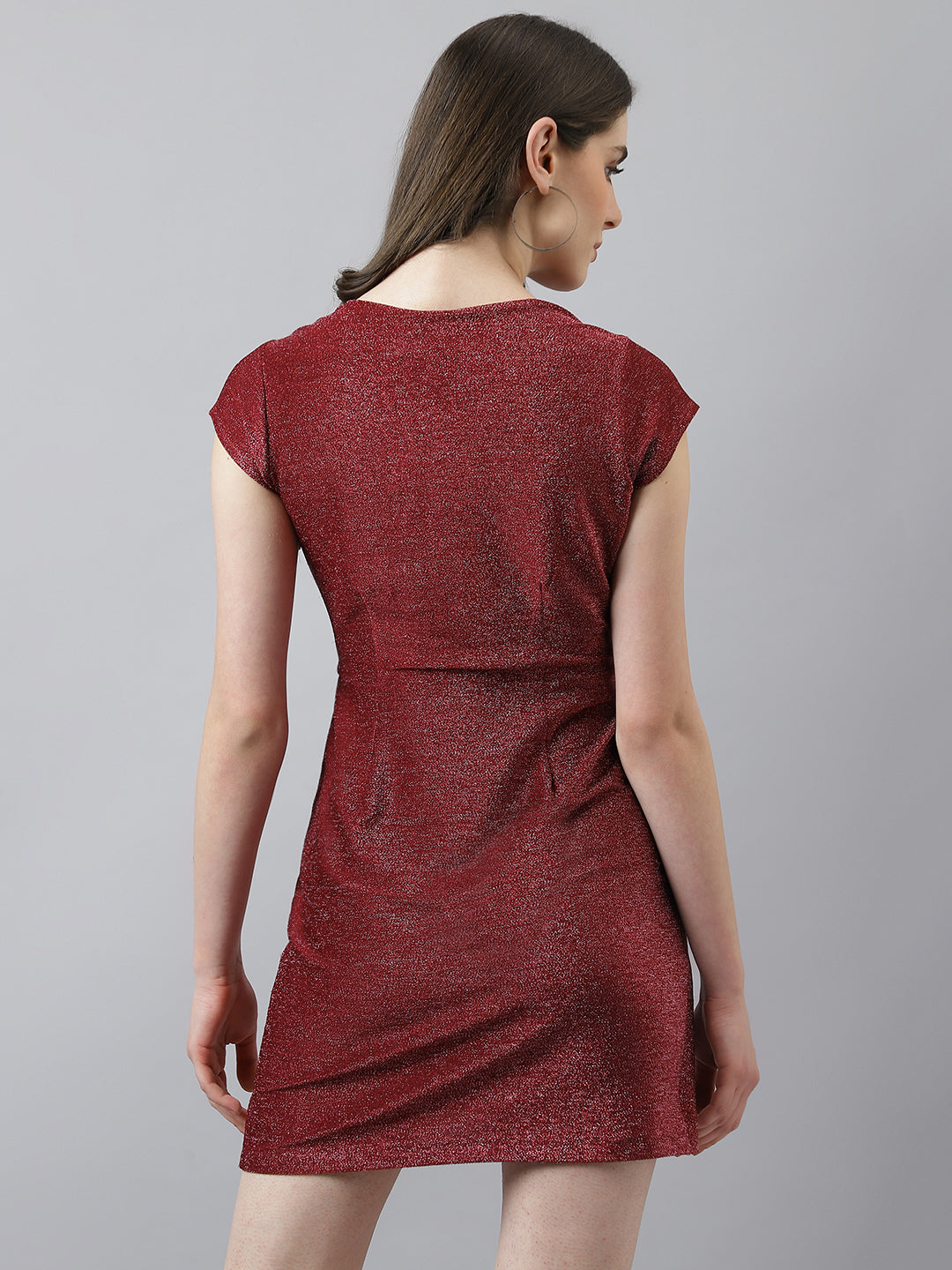 Wine Mini Dress With V Neck & Cap Sleeves