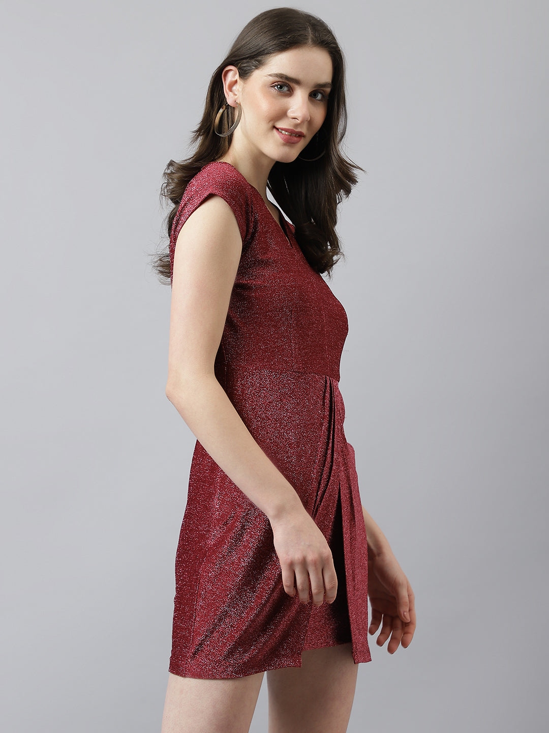 Wine Mini Dress With V Neck & Cap Sleeves