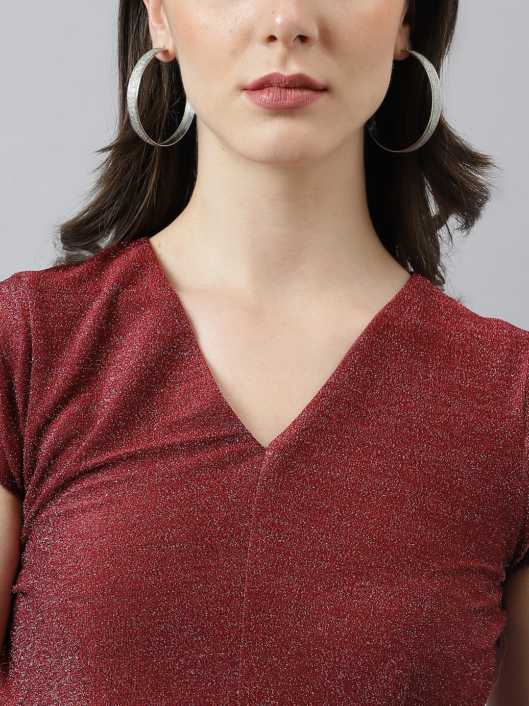 Wine Mini Dress With V Neck & Cap Sleeves
