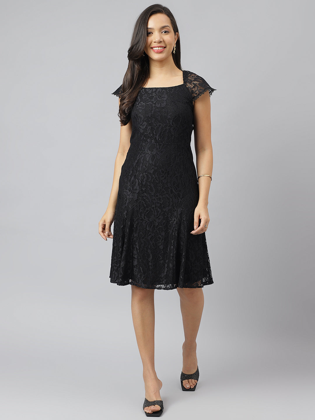 A Line Black Square Neck Tiered Formal Dress