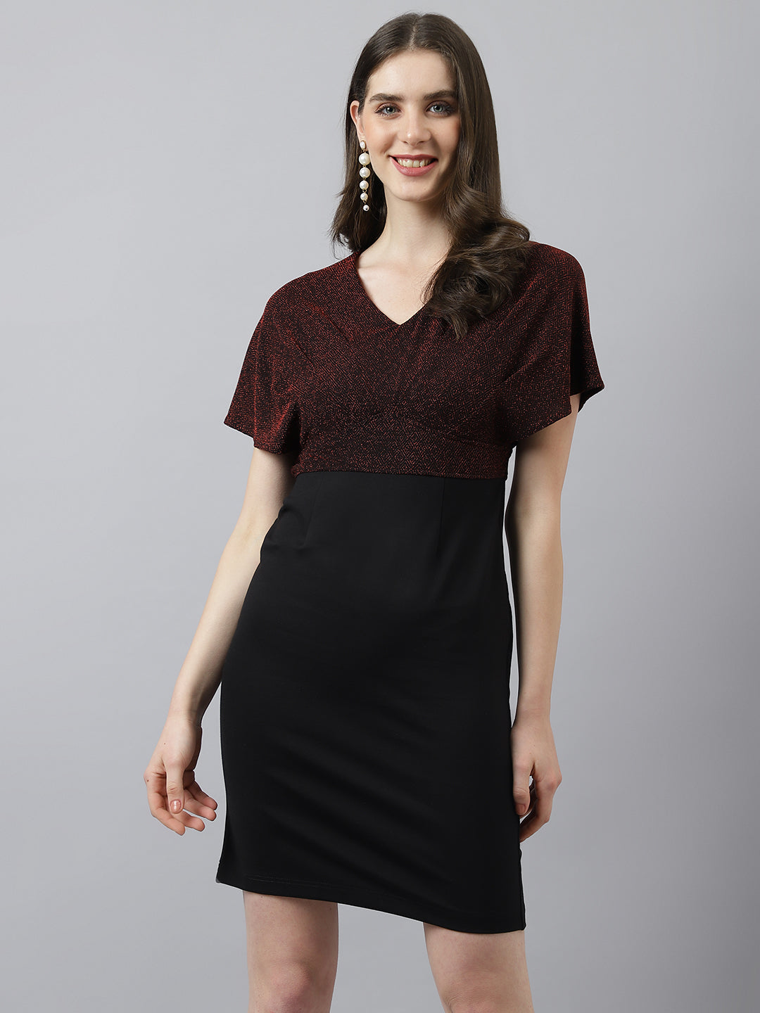 Maroon Sheath Dress With V Neck & Cap Sleeves