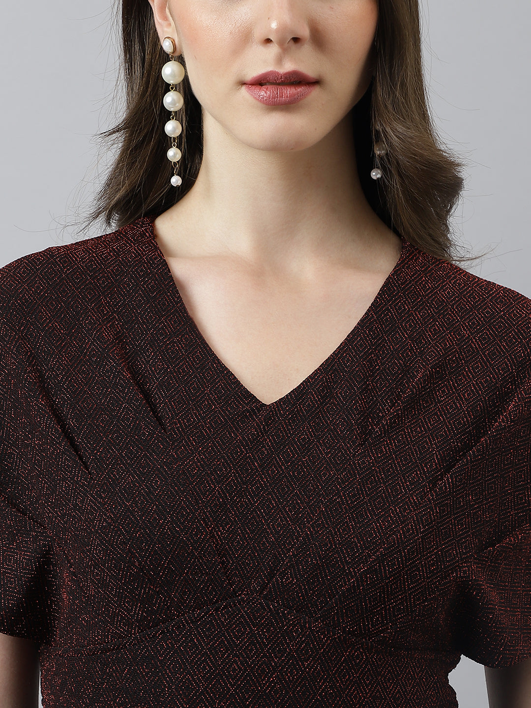 Maroon Sheath Dress With V Neck & Cap Sleeves