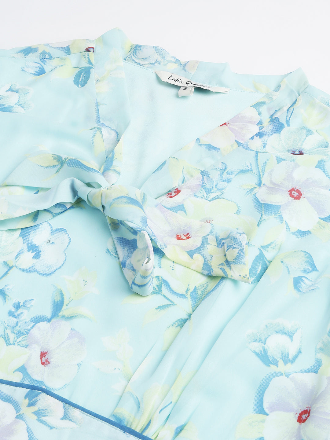 Blue Floral Printed Cap Sleeve With Tie Up Neck A Line Dress