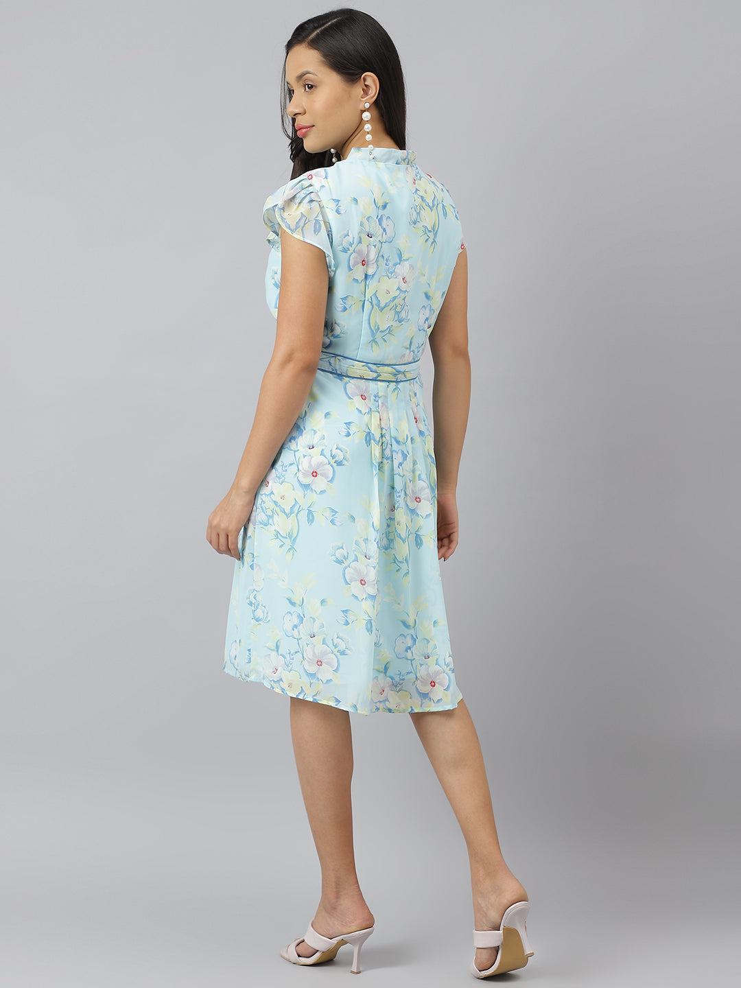 Blue Floral Printed Cap Sleeve With Tie Up Neck A Line Dress