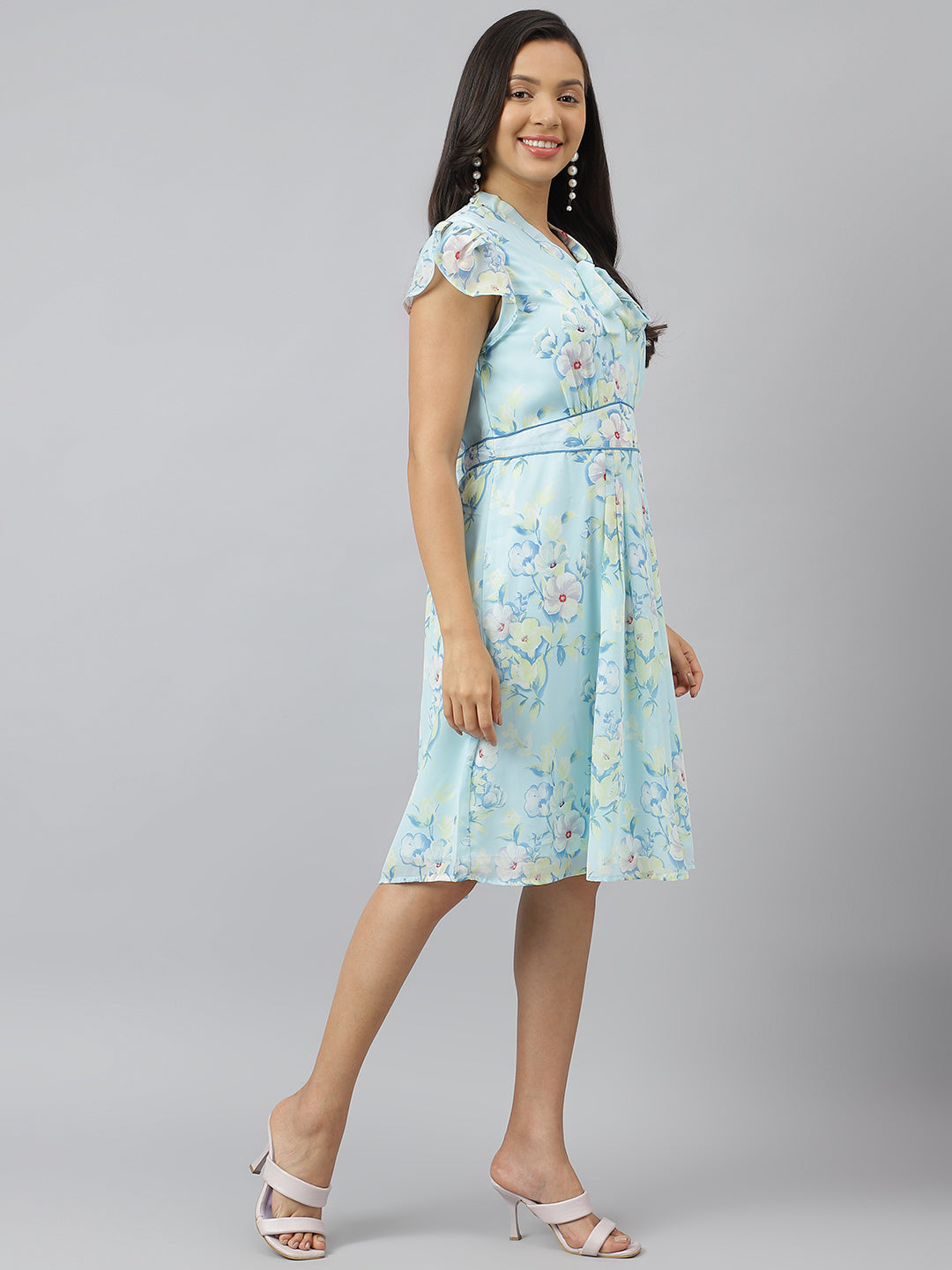 Blue Floral Printed Cap Sleeve With Tie Up Neck A Line Dress