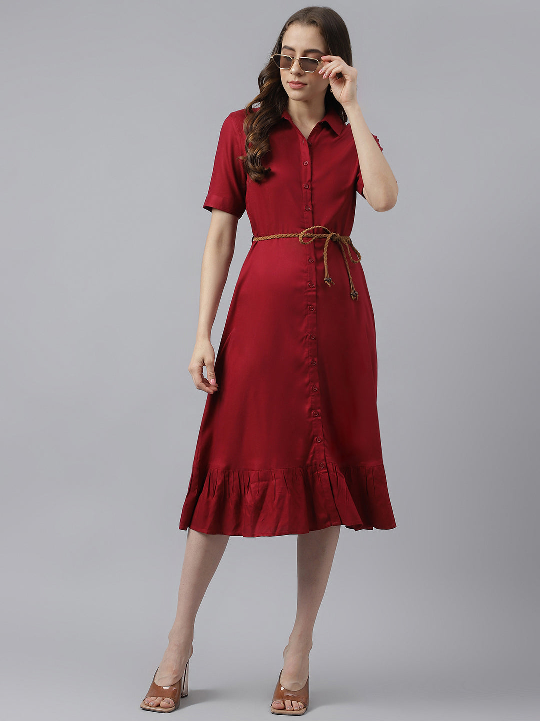 Maroon Solid Roll On Sleeves With Collar Neck Drop Waist Shirt Dress Maroon Solid Roll On Sleeves With Collar Neck Drop Waist Shirt Dress