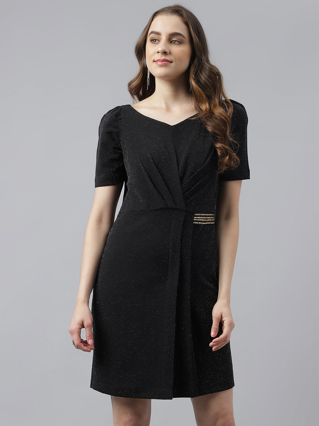 Copper V-Neck With Cap Sleeves Embellished Sheath Dress