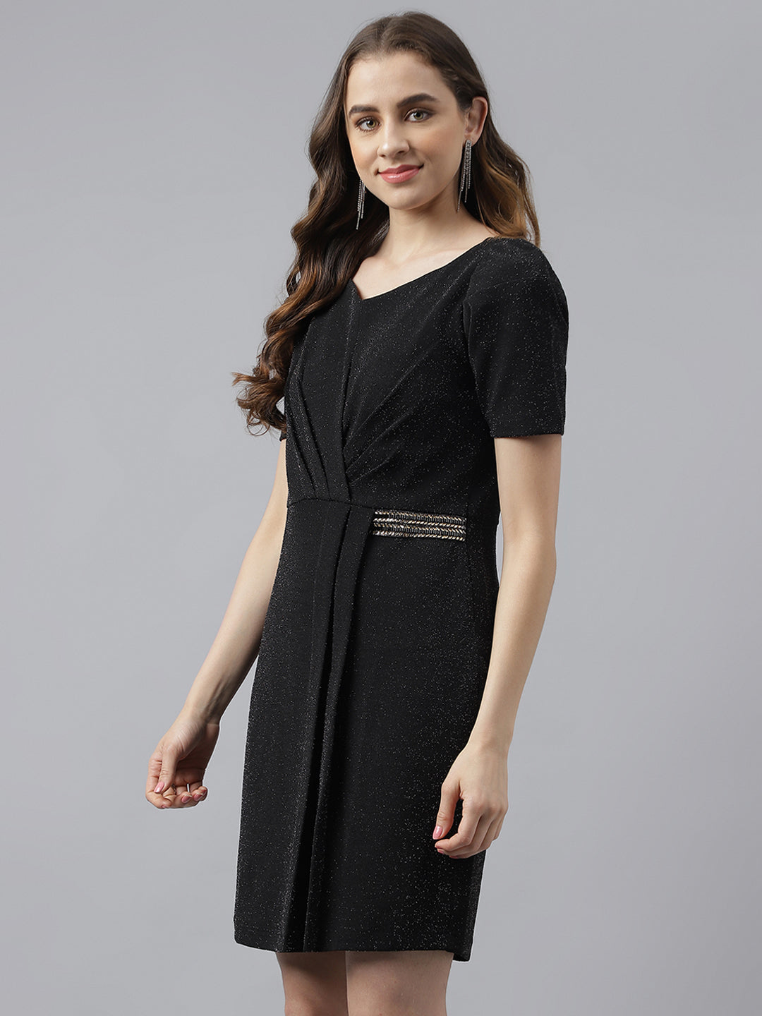 Copper V-Neck With Cap Sleeves Embellished Sheath Dress