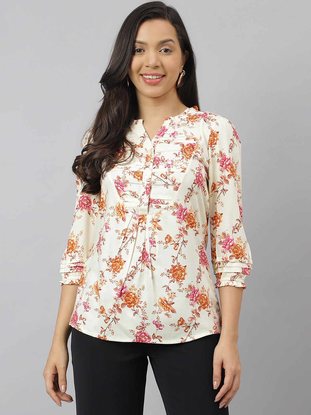 Multi Floral Printed Collared Neck With 3/4Th Sleeve Tunic