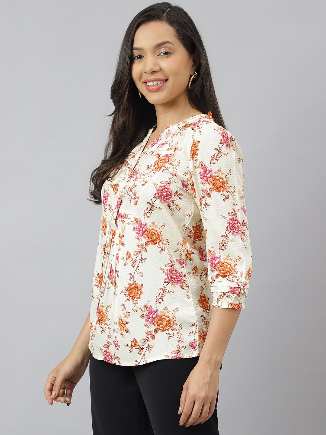 Multi Floral Printed Collared Neck With 3/4Th Sleeve Tunic