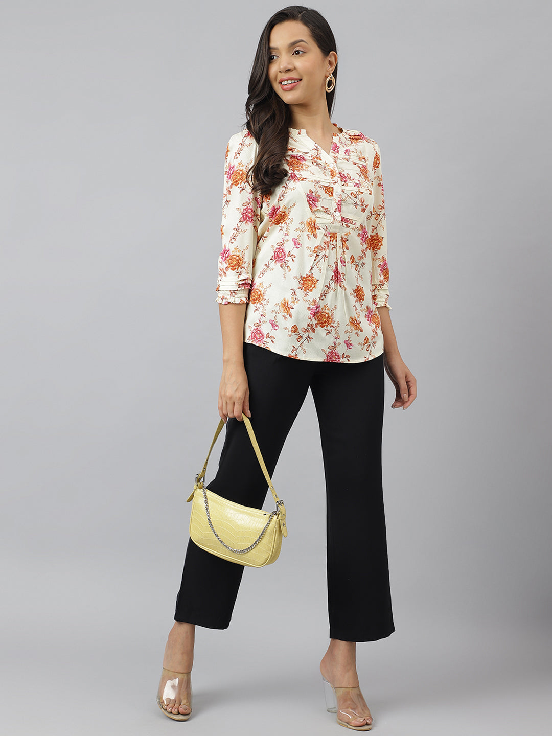 Multi Floral Printed Collared Neck With 3/4Th Sleeve Tunic