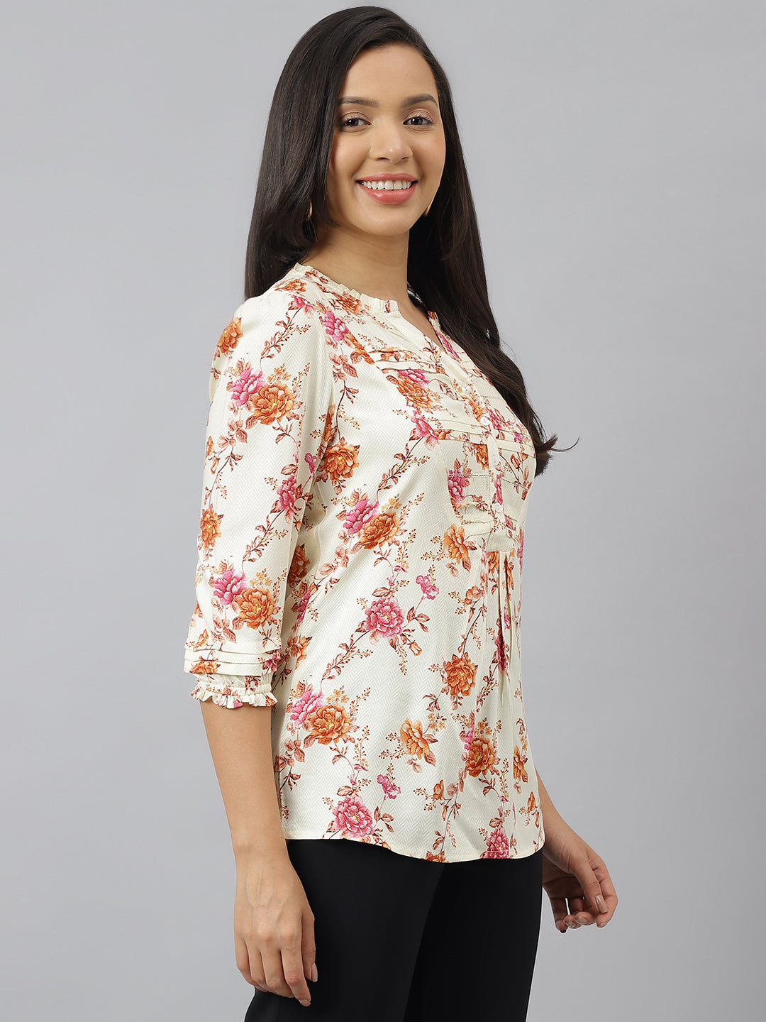 Multi Floral Printed Collared Neck With 3/4Th Sleeve Tunic