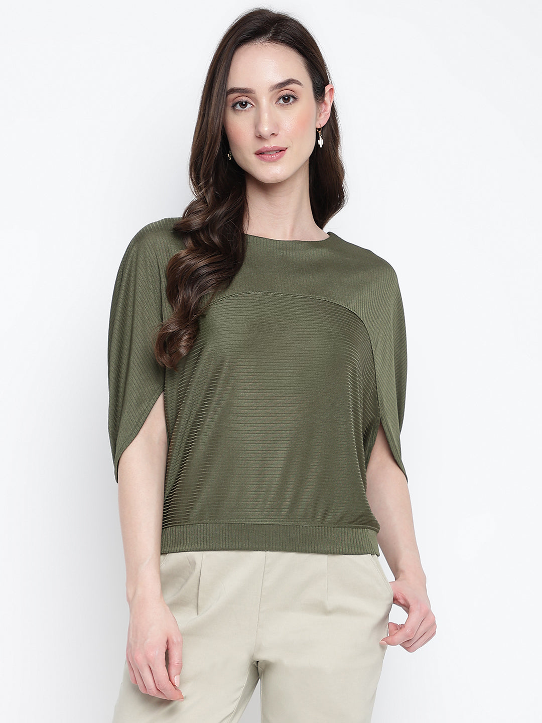Greenolive 3/4 Sleeve Solid Top Knit Top