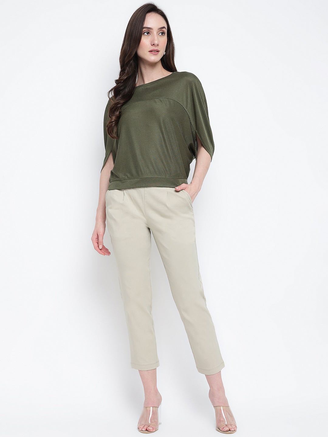 Greenolive 3/4 Sleeve Solid Top Knit Top