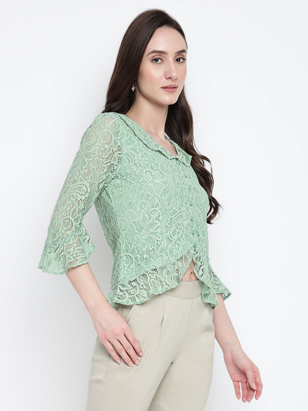 Green 3/4 Sleeve Solid Top Knit Top