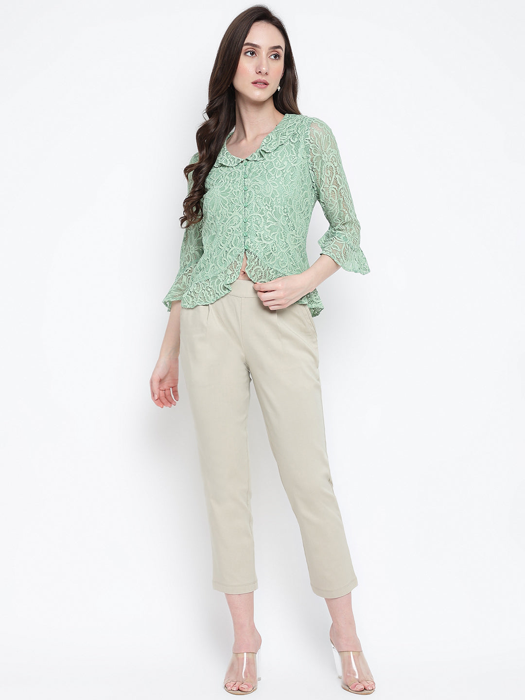 Green 3/4 Sleeve Solid Top Knit Top