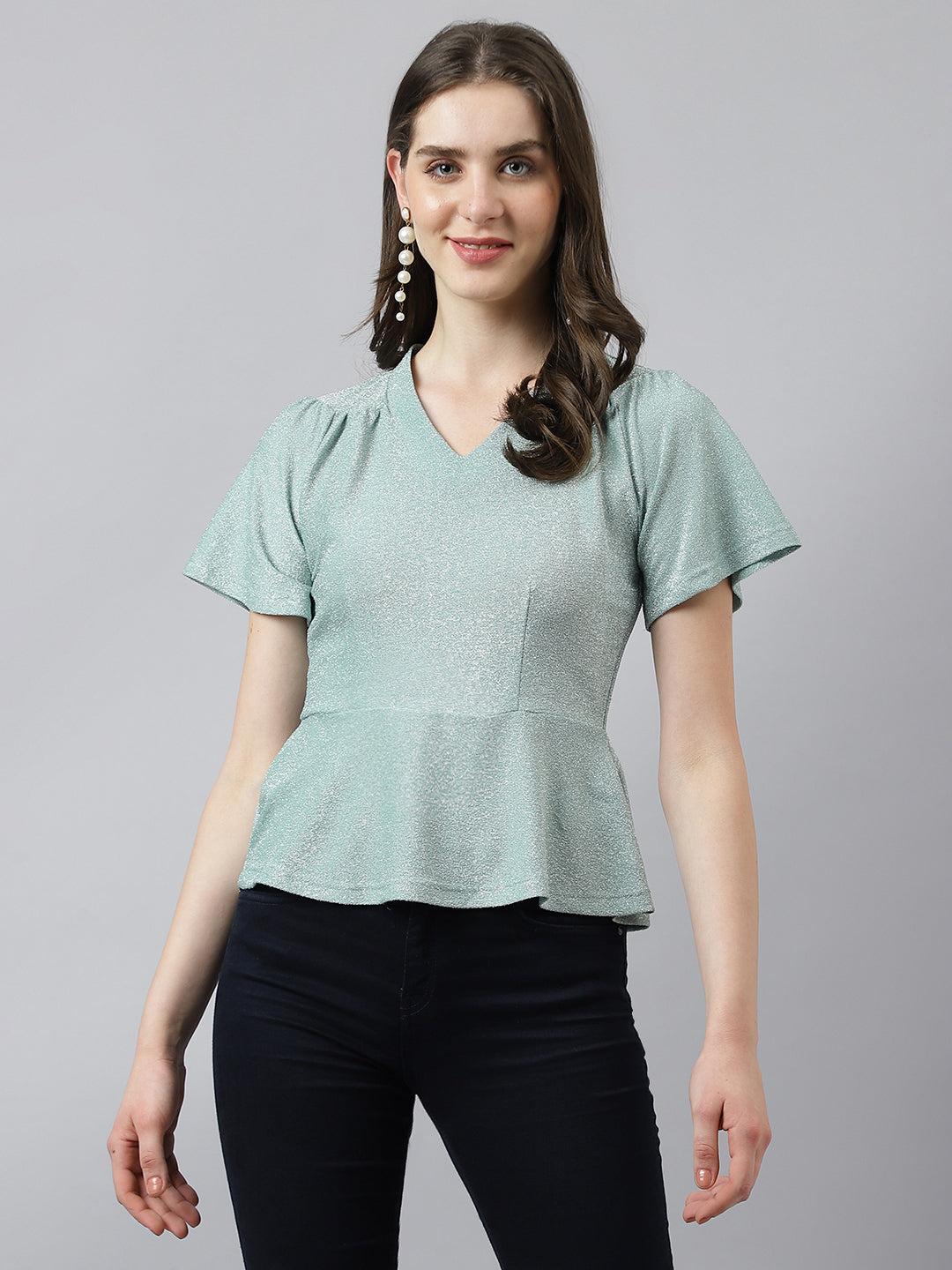 Green Peplum Topp With V Neck & Short Sleeves
