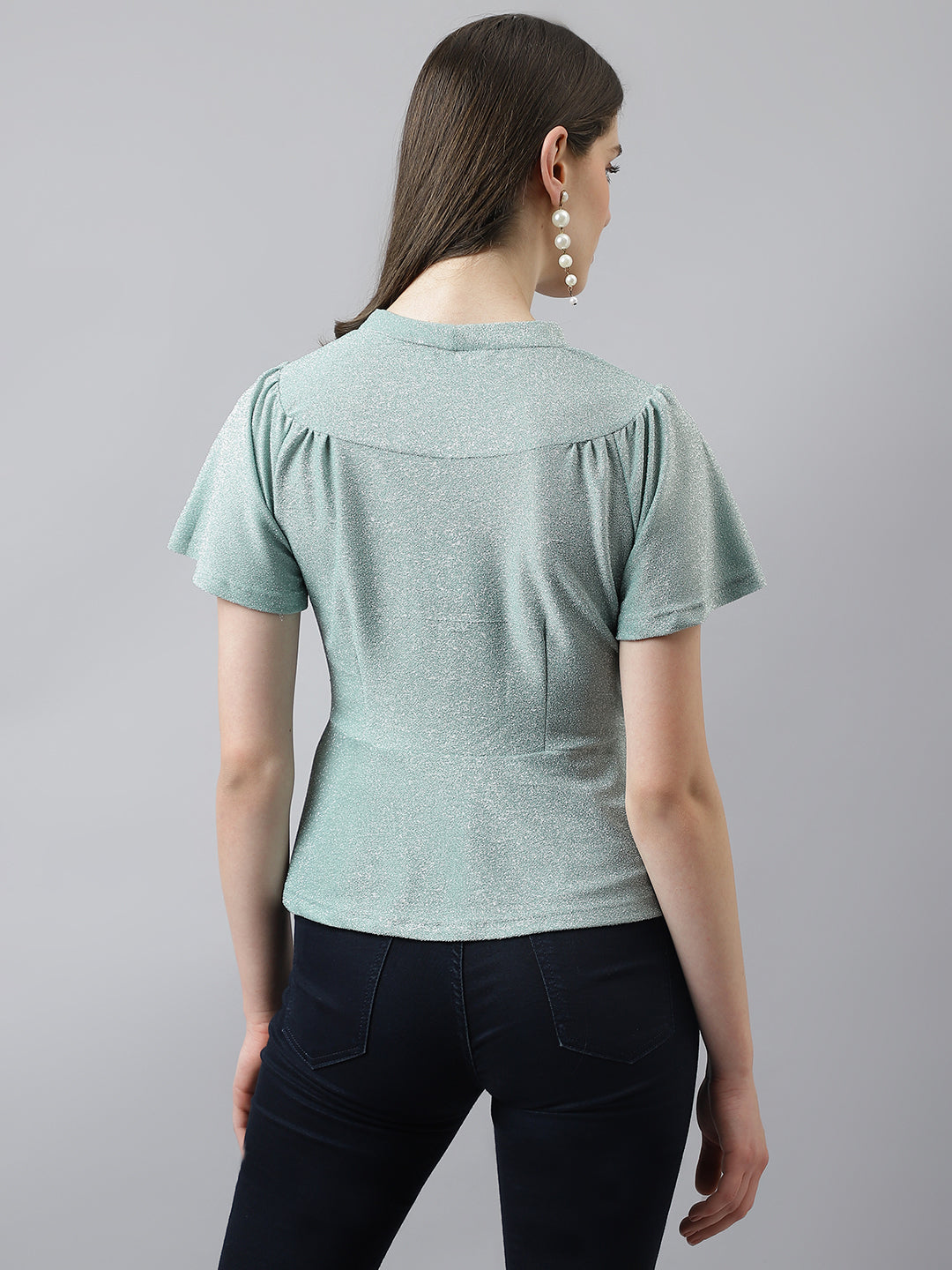 Green Peplum Topp With V Neck & Short Sleeves