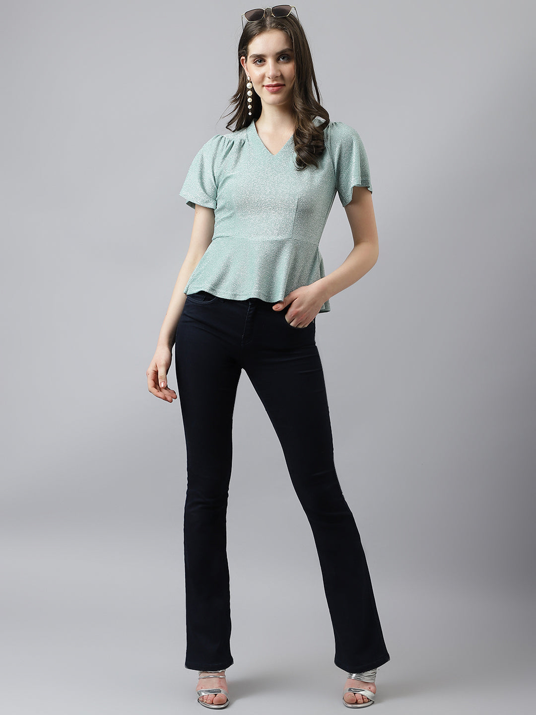 Green Peplum Topp With V Neck & Short Sleeves