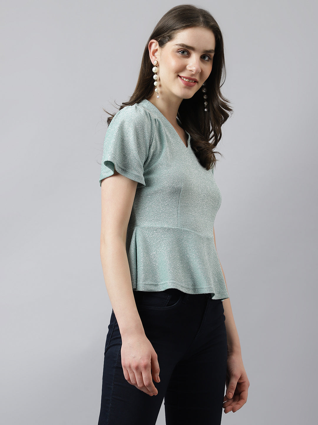Green Peplum Topp With V Neck & Short Sleeves