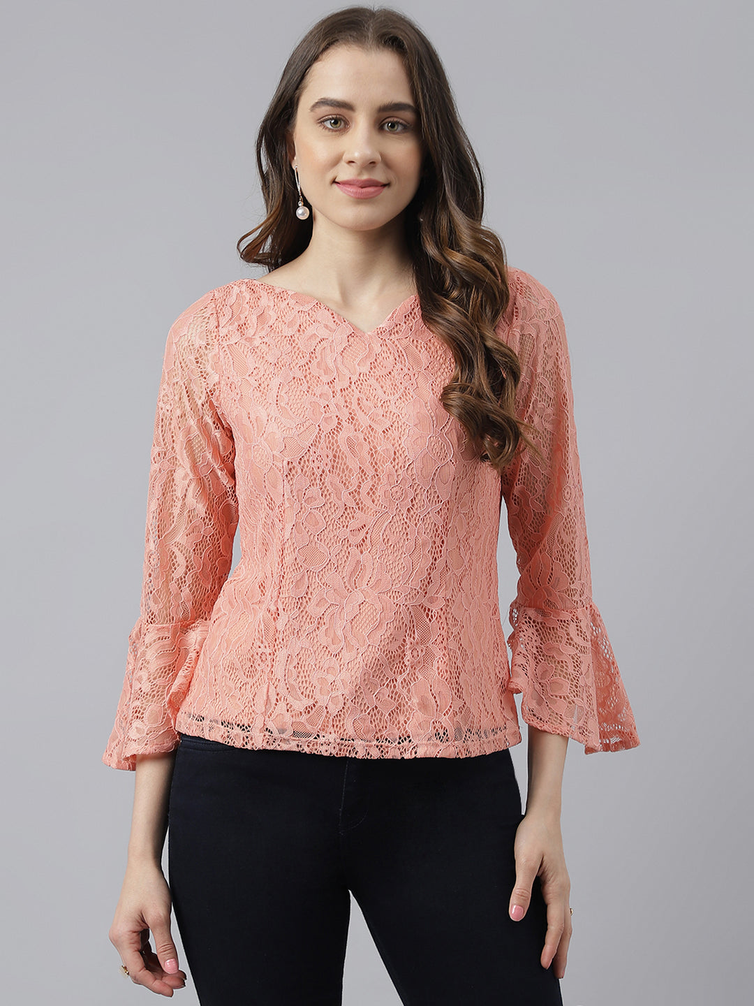 Peach V-Neck With Bell Sleeves Lace Top