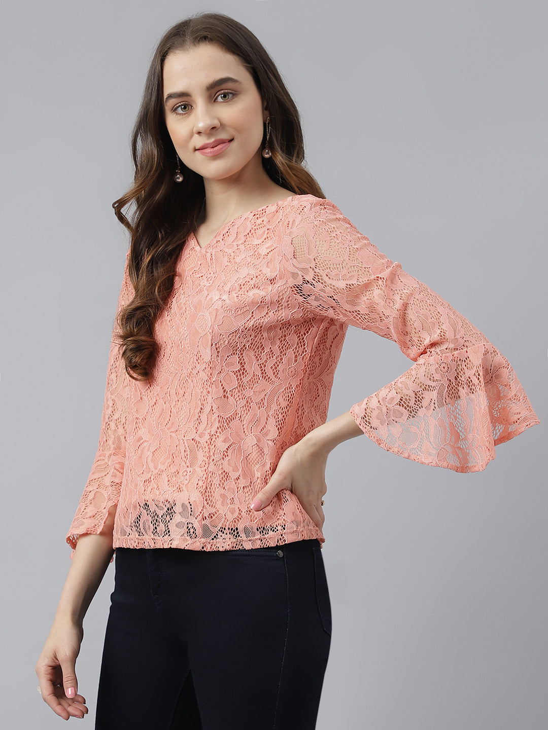Peach V-Neck With Bell Sleeves Lace Top