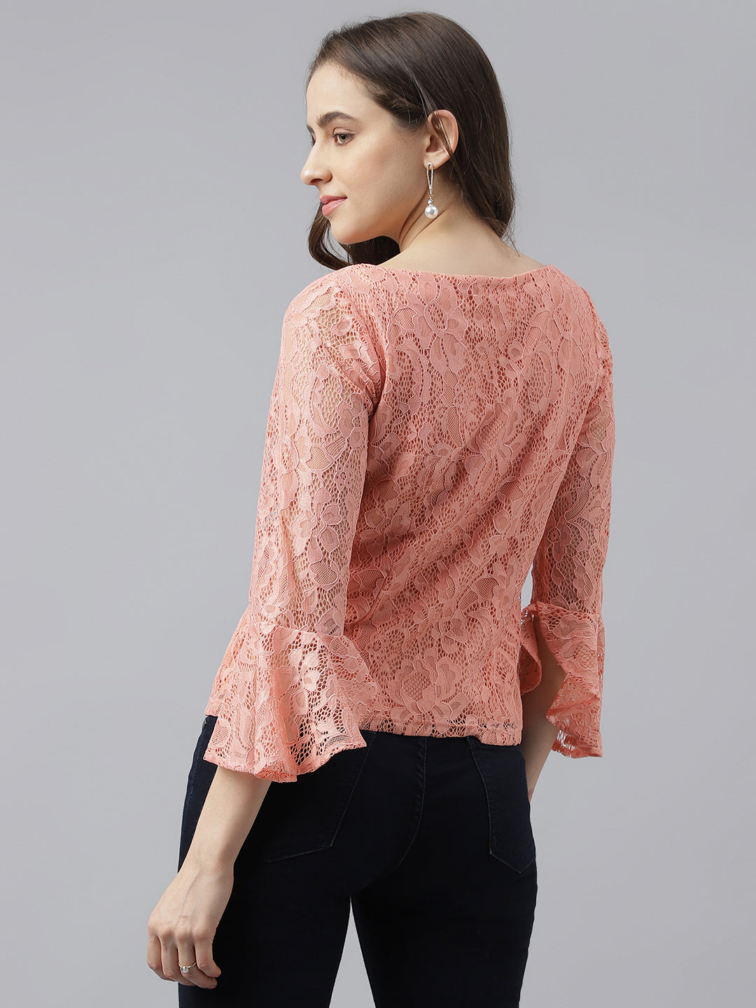 Peach V-Neck With Bell Sleeves Lace Top