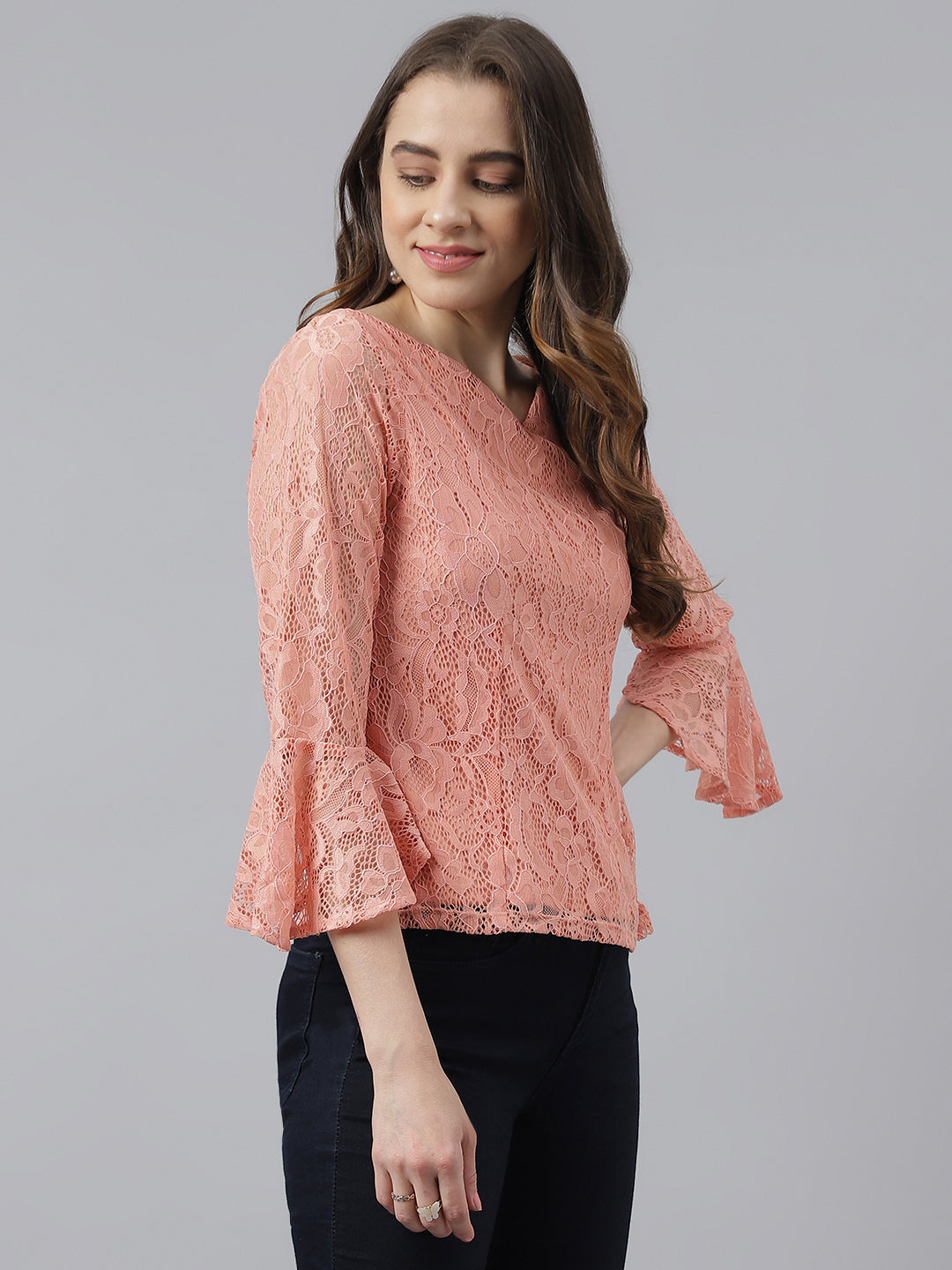 Peach V-Neck With Bell Sleeves Lace Top