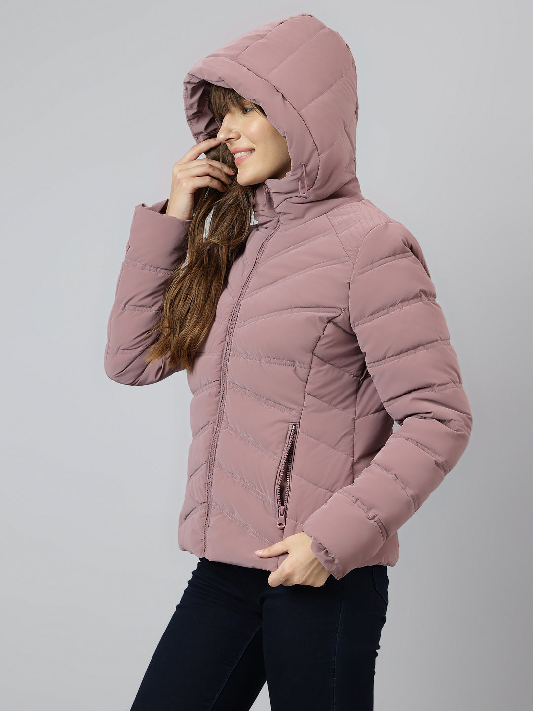 Latin Quarters Women Purple Quilted Hooded Full Sleeve Casual Puffer Jacket