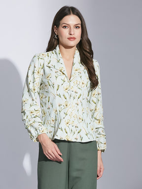 Latin Quarter Women Green Collar Neck 3/4th Sleeve Printed Shirt Blouse