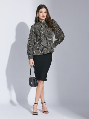 Latin Quarters Women Black Tie-Up Neck Full Sleeve Printed Top